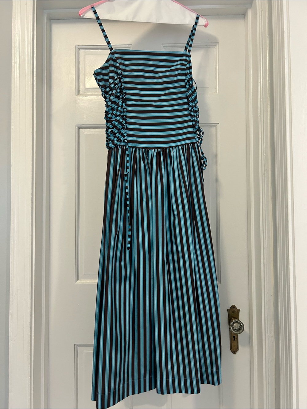 Damson Madder Angelina Striped Blue and Brown Midi Dress with Spaghetti Straps - Picture 4 of 7